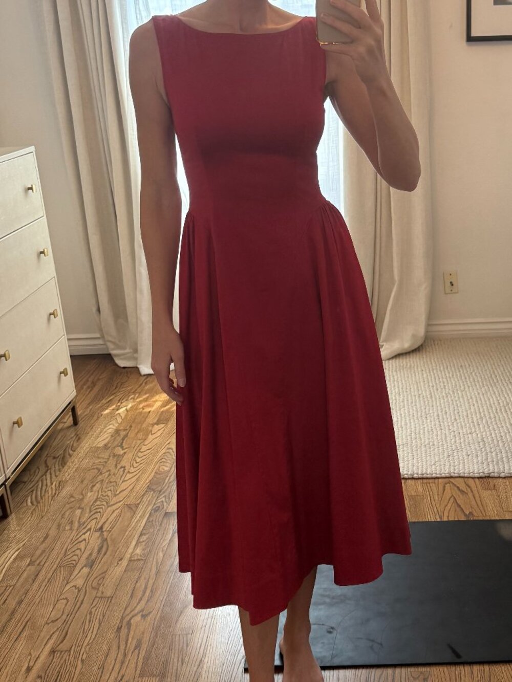 Helsa Stretch Cotton Sateen Midi Dress — Red
